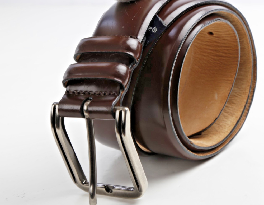 Mezlan Brown Leather Dress Belt Silver Square Buckle Double Loops Spain Size 36